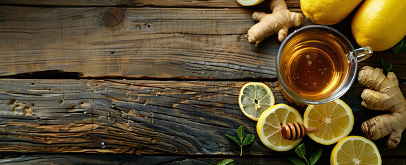 Chinese ginger tea with lemon and honey on a wooden background, depicting a copy space concept for a healthy lifestyle, showing traditional natural herbal medicine  - Powered by Adobe