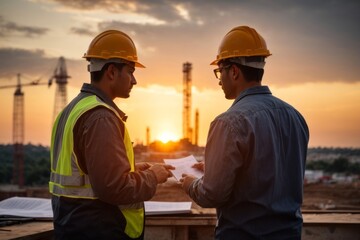 back view of engineer and architect at construction site with blueprints supervising construction at sunset