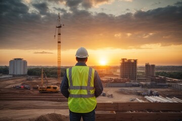 back view of engineer and architect at construction site with blueprints supervising construction at sunset - obrazy, fototapety, plakaty