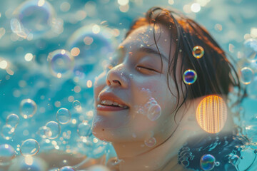 A young girl submerged in crystal blue water, surrounded by glistening bubbles in a moment of pure bliss.