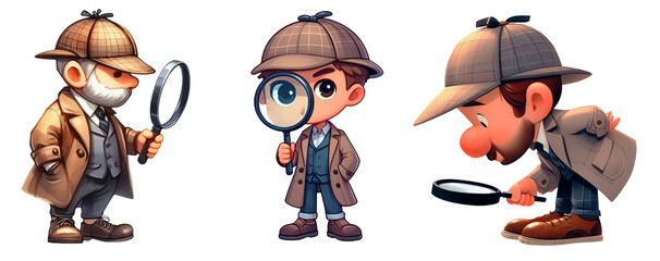 A set of 3 cartoon detectives searching for clues, isolated on a transparent  background