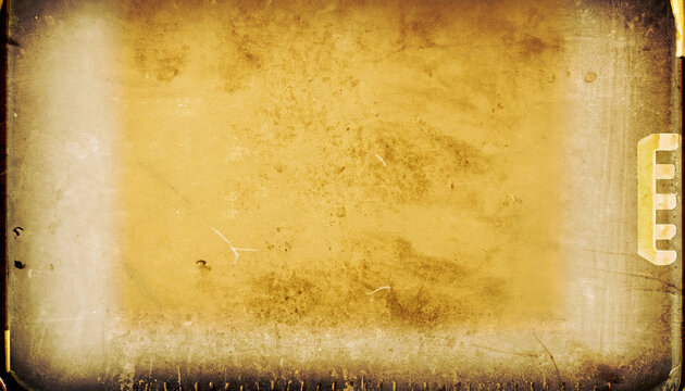 Artistic vintage photo with film grain, dust and scratches and frame– yellow rusty metal plate for background textures