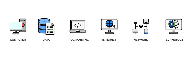 Information technology banner web icon illustration concept with icon of computer, data, programming, database, internet, network, and technology	