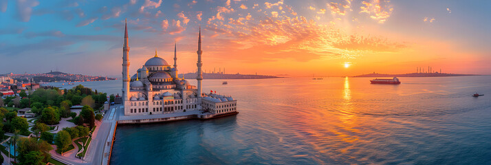sunset over the river,
View of The Blue Mosque of Istanbul in Turkey