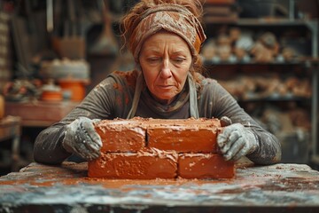 Woman Building Brick Wall - obrazy, fototapety, plakaty