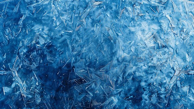 frozen window texture with intricate frost patterns, blue color