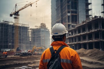 Back view of construction worker wearing safety helmet with city building construction site background