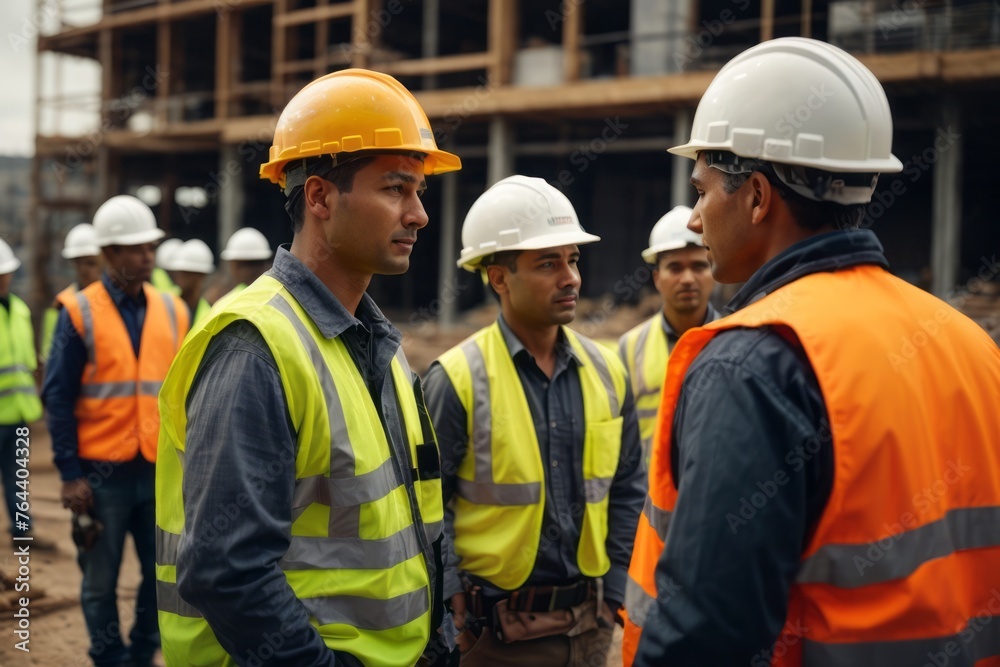 Wall mural construction workers wearing helmet and safety vest on construction construction site