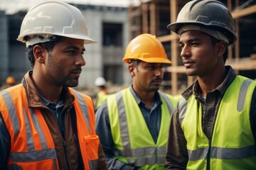 construction workers wearing helmet and safety vest on construction construction site