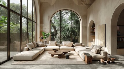 beige corner daybed sofa against windows in room with high ceiling minimalist home interior design of modern living room 