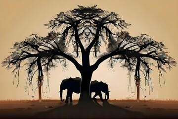 Fototapeta na wymiar Elephants stand under the tree in a wonderful view
