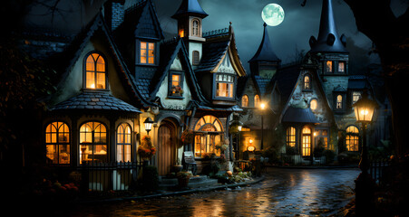 Fototapeta na wymiar some very pretty old fashioned houses with a big moon