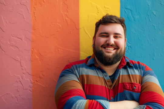 Gay chubby bear, copy space of a big young man with beard and confident and proud gesture with rainbow colors in background