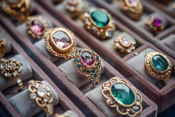 Assortment of Luxurious Antique Jewelry with Gemstones Displayed in Elegant Presentation Box