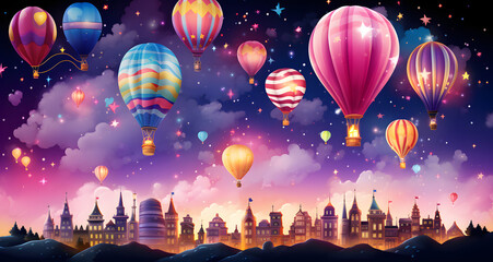 a scene with balloons flying in the sky above buildings
