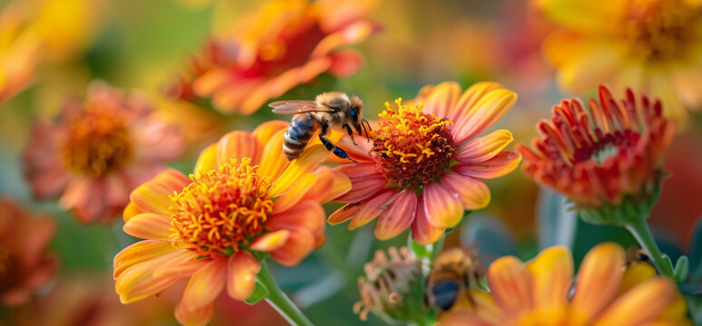 In the vibrant garden, a collection of colorful orange and yellow hortlopeaum flowers with honeybees on them is captured in closeup, in the style of autumn hokkaido bee.