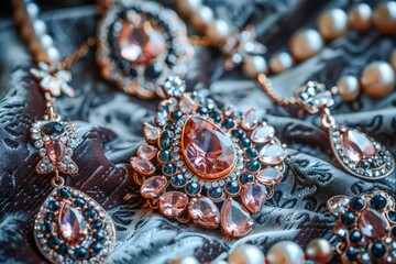 Naklejka premium Exquisite Vintage Jewelry Collection Featuring Elegant Gemstone Necklace, Earrings, and Pearls on Luxurious Textured Background
