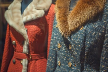 Luxurious Fur Trimmed Coats on Display in High End Fashion Boutique Showroom