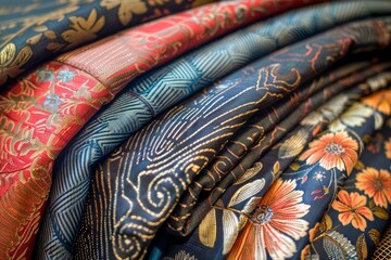 Luxurious Assorted Patterned Fabrics Stacked Neatly, Display of Rich Textile Designs with Elegant Motifs