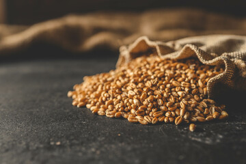 Wheat grain spills out of burlap on a black background