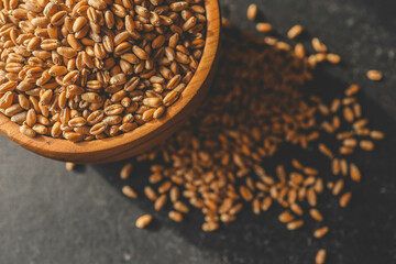 Wheat grain in a wooden plate on a dark background