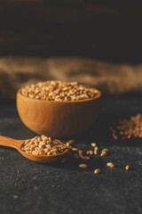 Wheat grain in a wooden plate on a dark background