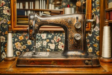 Vintage Sewing Machine with Ornate Design in Traditional Craft Room Setting