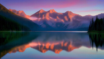 Fototapeta na wymiar A high mountain lake reflecting the colors of dawn's first light, surrounded by towering mountains. 