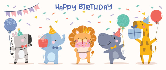 Fototapeta premium Happy birthday concept animal vector set. Collection of adorable wildlife, giraffe, zebra, elephant, lion, hippo. Birthday party funny animal character illustration for greeting card, kids, education.