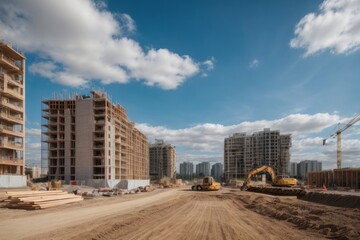 Fototapeta premium Construction site with unfinished residential buildings with construction machine tools under blue sky