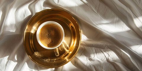 an espresso from a top view, on a golden tray, on a white tablecloth, generative AI
