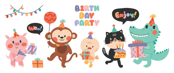 Happy birthday concept animal vector set. Collection of adorable wildlife, lion, frog, monkey, pig, crocodile. Birthday party funny animal character illustration for greeting card, kids, education.