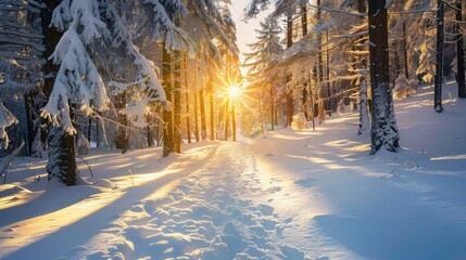 The Sun Sets Over a Snowy Forest