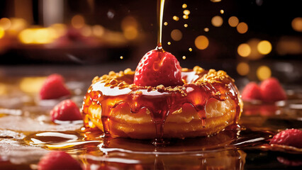 A soft donut topped with a caramel drizzle and fresh strawberries - obrazy, fototapety, plakaty