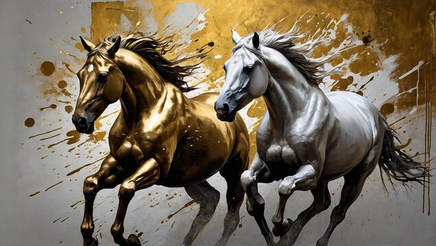 Art painting, gold, horse, wall art, modern artwork, paint spots and paint strokes, knife art, large strokes, murals