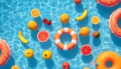 3d creative summer background in swimming pool party theme. Top view of balls, swim rings and fruit shape lilos floating on water. - obrazy, fototapety, plakaty