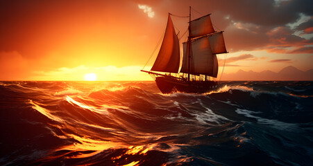two ships floating on top of rough ocean next to sunset