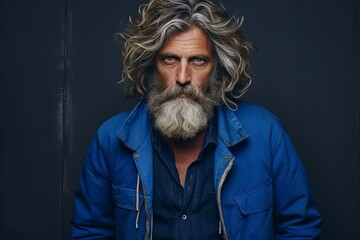 Portrait of a handsome mature man with long gray hair and beard. Men's beauty, fashion.