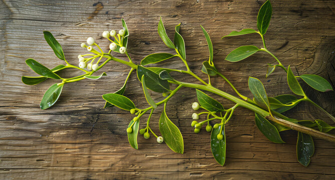 midothian mistletoe on an old wood background, high resolution photography, insanely detailed and intricate, sharp focus, HDR, 8k, top view. The image is in the style of a photograph