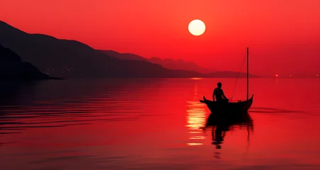 Crédence de cuisine en verre imprimé Rouge an image of a sunset with a man on a boat