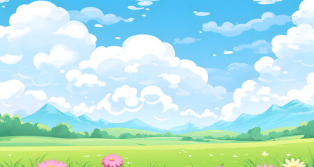Obraz na płótnie Canvas a green grassy field with white clouds and flowers