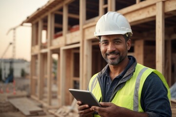 Cheerful male construction worker with white protective helmet and digital tablet in his hand with background of the construction of buildings