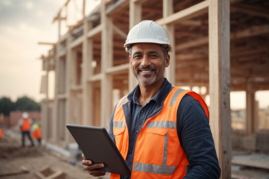 Cheerful male construction worker with white protective helmet and digital tablet in his hand with background of the construction of buildings