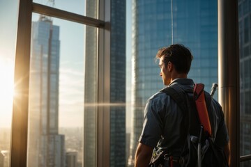 Fototapeta premium male worker cleans glass window in high skyscraper