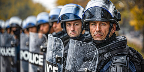 Row of police with riot shields, copyspace, wide banner - obrazy, fototapety, plakaty