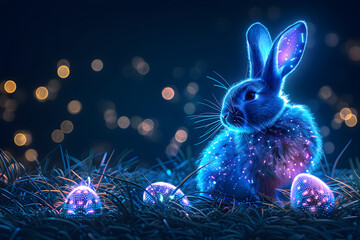 Blue bunny with Easter egg made of neon light on dark background with glowing lights. Futuristic technology concept. Creative holiday design for card, banner, poster with copy space - obrazy, fototapety, plakaty