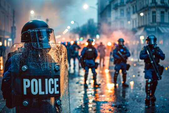 Police officer with riot shield and gas mask, civil disorder, unrest, copyspace