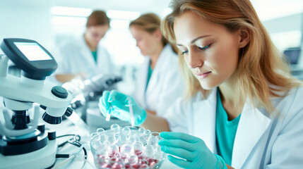 Scientists conducting research investigations in a medical laboratory