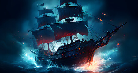an image of an old ship on a stormy sea - Powered by Adobe