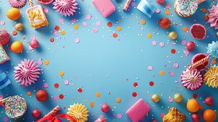 Fototapeta na wymiar Vibrant birthday card, surrounded by confetti and party favors, joyful blank space